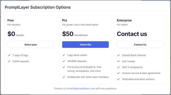 PromptLayer subscription options